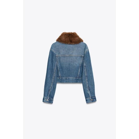 ZARA Z1975 FAUX FUR COLLAR SHORT DENIM JACKET - Picture 9 of 10